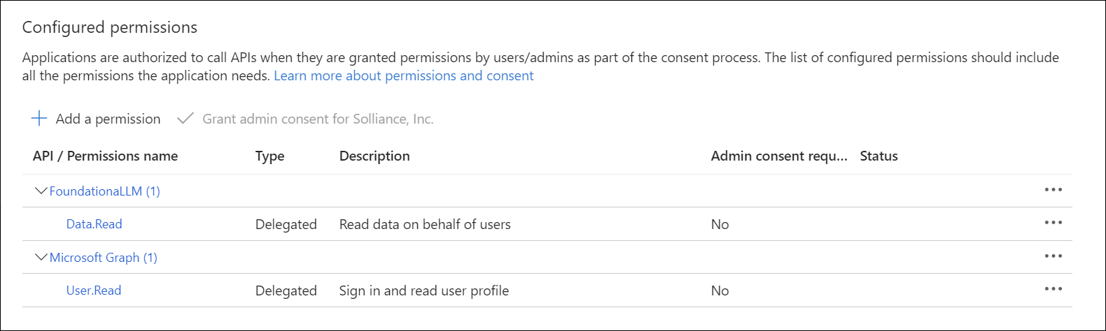 The client application's configured permissions are displayed.