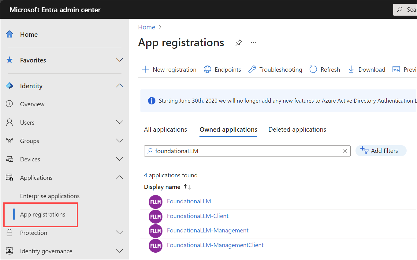 The app registrations menu item in the left-hand menu is highlighted.