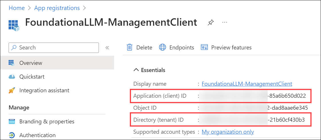 The Entra app client ID and Directory ID values are highlighted in the Overview blade.