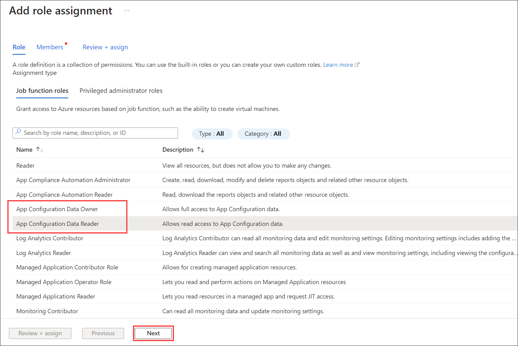 The App Configuration Data Reader role is selected and the Next button is highlighted.