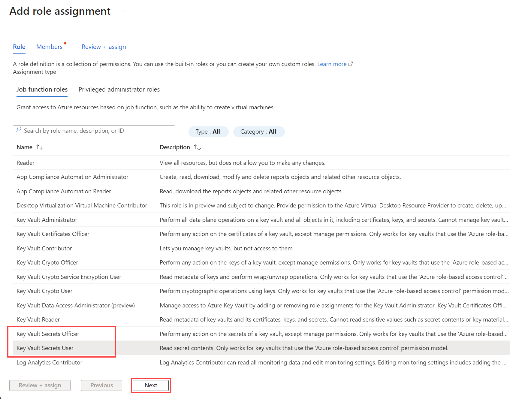 The Key Vault Secrets User role is selected and the Next button is highlighted.