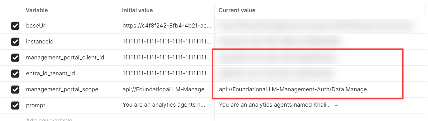 The Management API auth variables are highlighted.