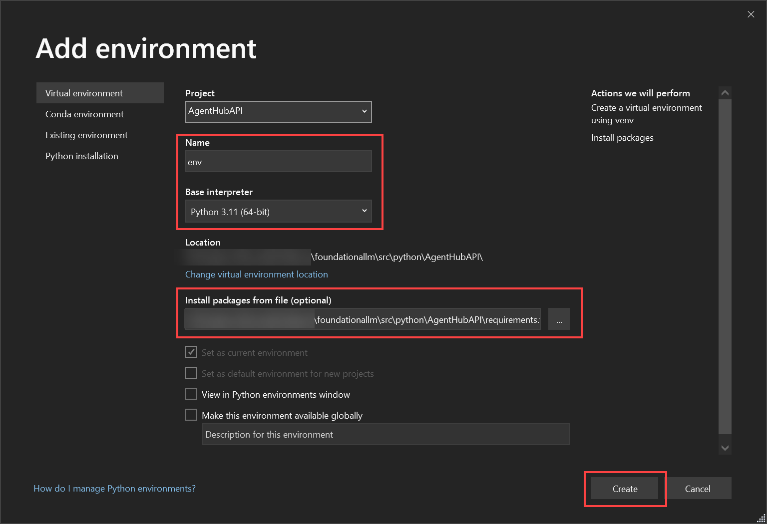 The Add Environment dialog is displayed with the name and version fields set.