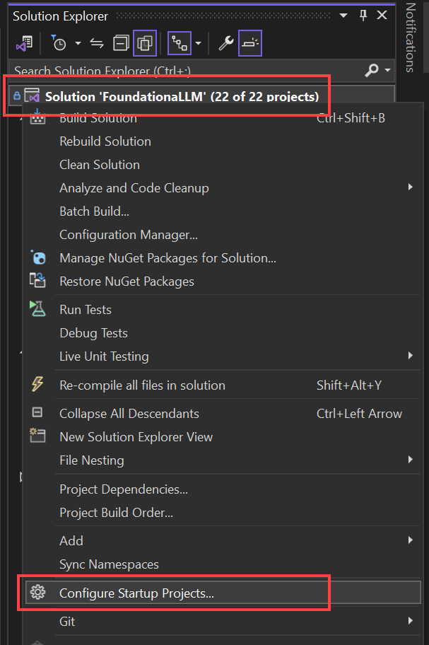 The Configure Startup Projects option is highlighted.