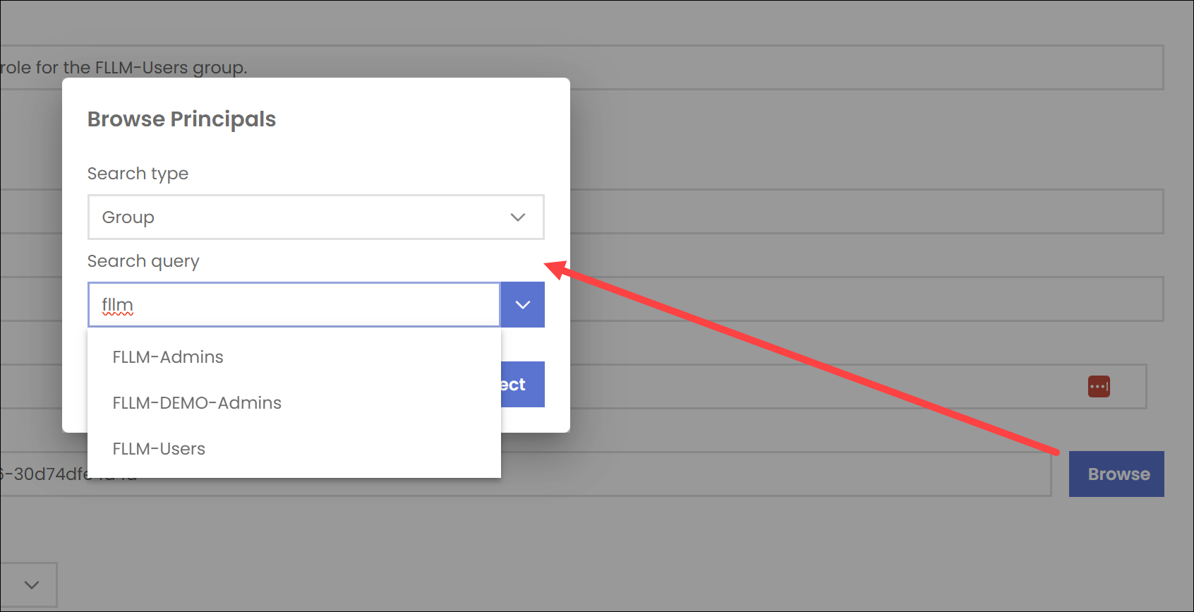 Screenshot of the role assignment management form with the identity selection dialog displayed.