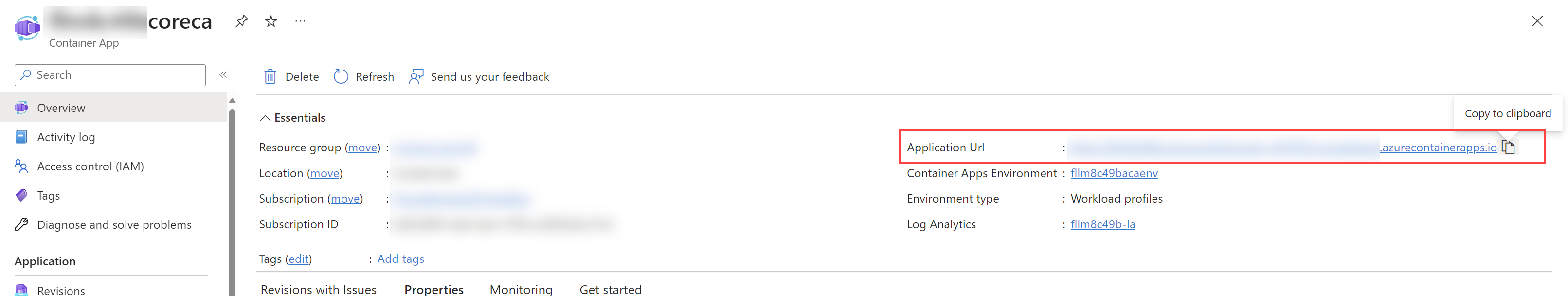 The container app's Application Url is highlighted.